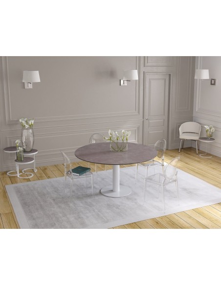 UNA - Table de repas extensible deux allonges intégrées pied central acier laqué blanc