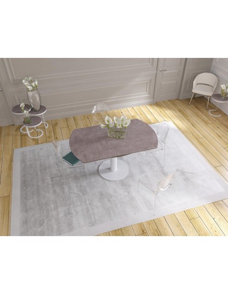 UNA - Table de repas extensible deux allonges intégrées pied central acier laqué blanc