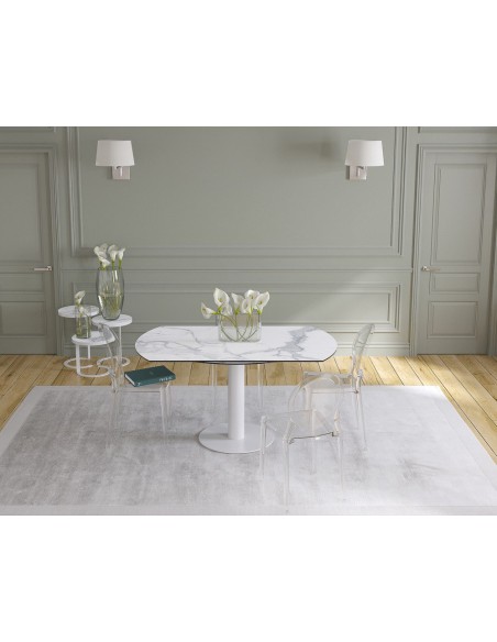 UNA - Table de repas extensible deux allonges intégrées pied central acier laqué blanc