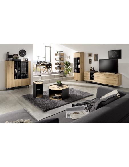 CHIC - Buffet haut 1 porte bois, 1 porte vitrée, 1 tiroir avec option LED