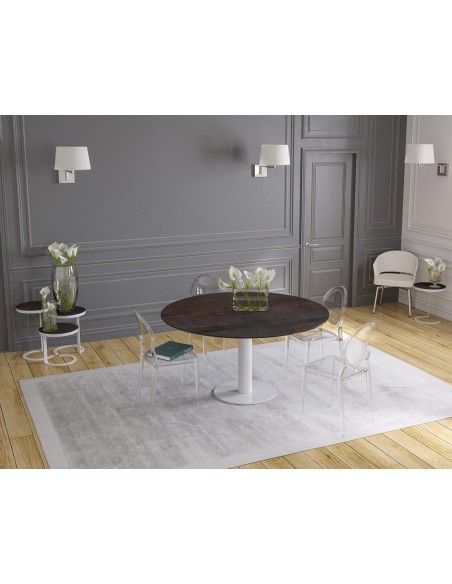 UNA - Table de repas extensible deux allonges intégrées pied central acier laqué blanc
