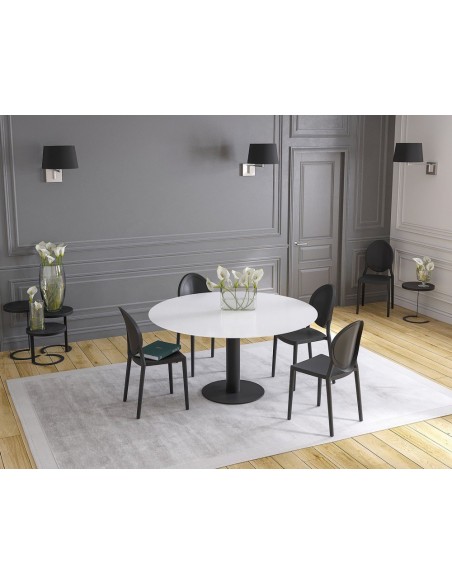 UNA - Table de repas extensible deux allonges intégrées pied central acier laqué noir