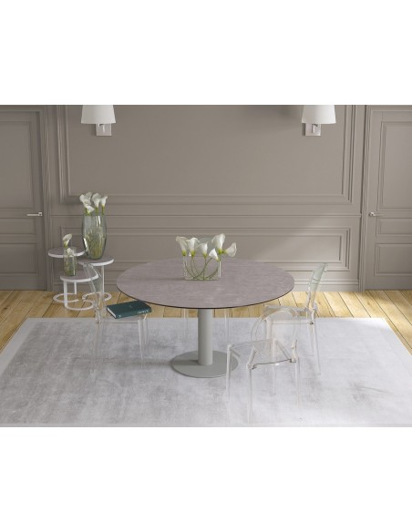 UNA - Table de repas extensible deux allonges intégrées pied central acier laqué gris