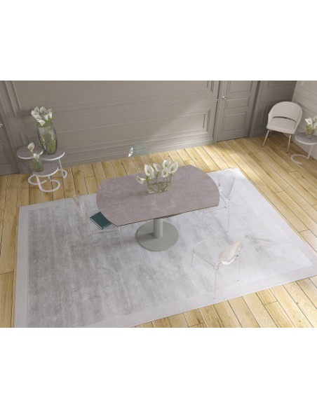 UNA - Table de repas extensible deux allonges intégrées pied central acier laqué gris
