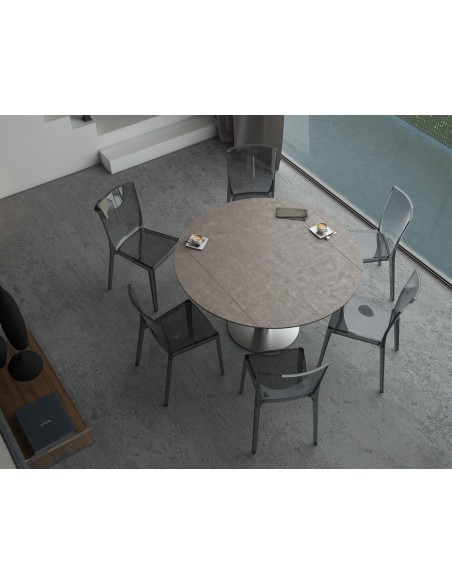 UNA - Table de repas extensible deux allonges intégrées pied central acier inox brossé