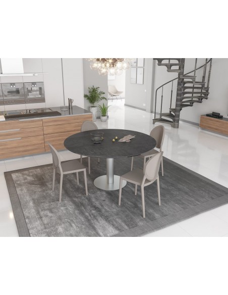 UNA - Table de repas extensible deux allonges intégrées pied central acier inox brossé