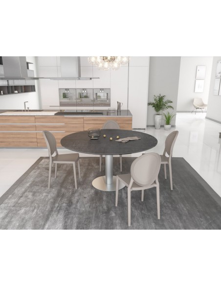 UNA - Table de repas extensible deux allonges intégrées pied central acier inox brossé