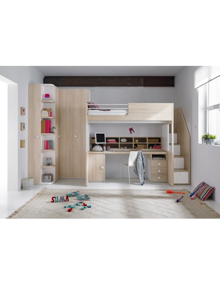 SOON - Ensemble rangement, bureau, armoire d’angle et mezzanine couchage 190x90 cm